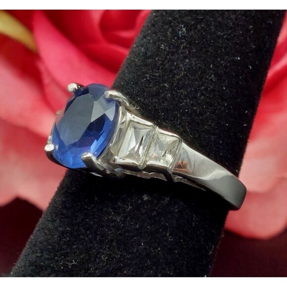 Sterling Silver Cocktail Ring FAS 925 Size 7 Baguette CZ & Blue Center Stone - Picture 7 of 10